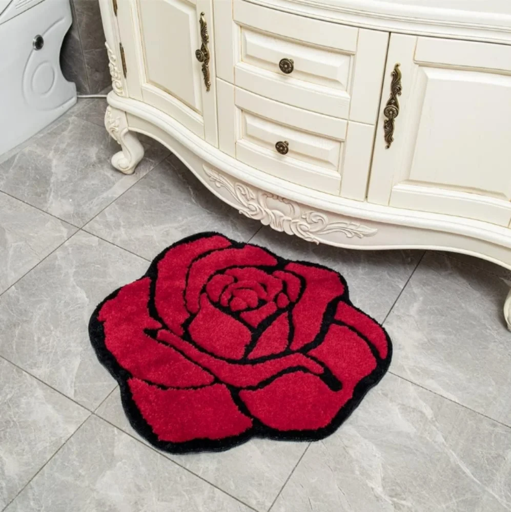 Red Rose Shaped Bath Mat Bedroom Rug Doormat Flower Shape Floral Romantic Decor